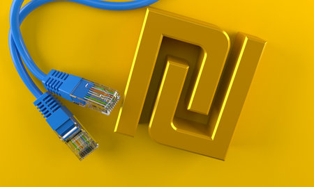 Shekel currency with network cable on orange background. 3d illustration