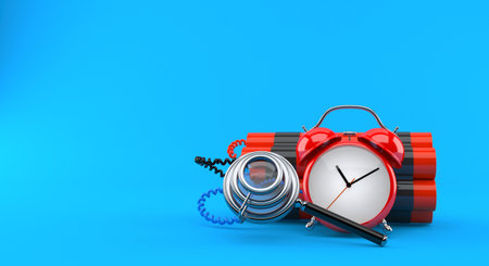 Dynamite with magnifying glass isolated on blue background. 3d illustration