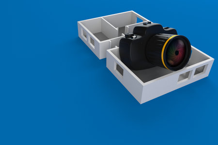 Camera inside house plan isolated on blue background. 3d illustration