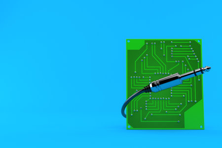 Circuit board with audio cable isolated on blue background. 3d illustration