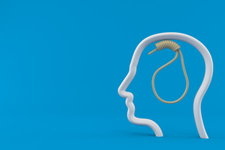 Suicide thoughts concept isolated on blue background. 3d illustrationの写真素材