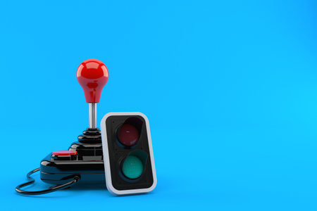 Joystick with green traffic light isolated on blue background. 3d illustration