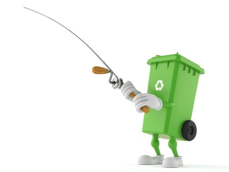 Dustbin character with fishing rod isolated on white background. 3d illustrationの写真素材