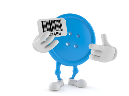 Button character holding barcode isolated on white background. 3d illustrationの写真素材