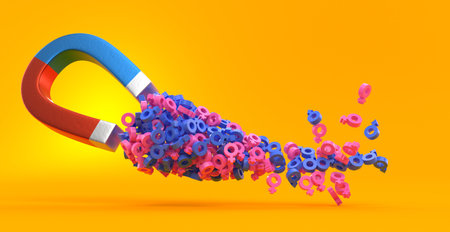 Male and female gender symbols caught by horseshoe magnet on orange background. 3d illustration