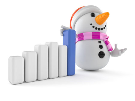 Snowman character with chart isolated on white background. 3d illustrationの写真素材