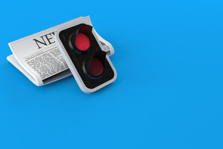 Red traffic light with newspaper isolated on blue background. 3d illustrationの写真素材