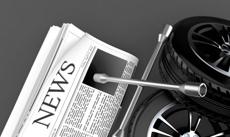 Newspaper with car tire and wrench on gray background. 3d illustrationの写真素材