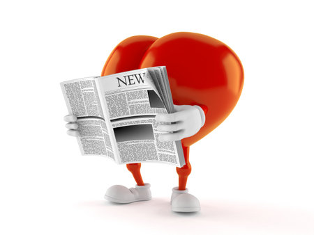 Heart character reading newspaper isolated on white background. 3d illustrationの写真素材