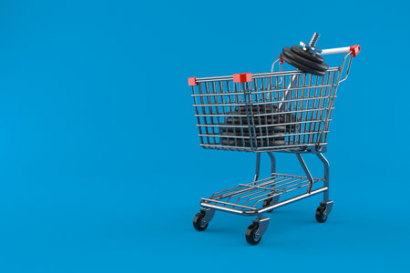 Dumbbell with shopping cart isolated on blue background. 3d illustrationの写真素材