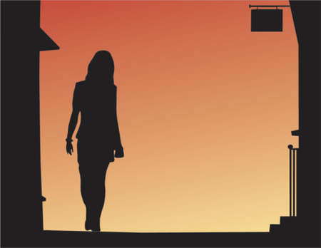 Vector background of woman walking down a street at nightのイラスト素材