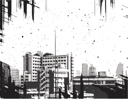 Vector halftone illustration of a city with grunge on a separate layerのイラスト素材