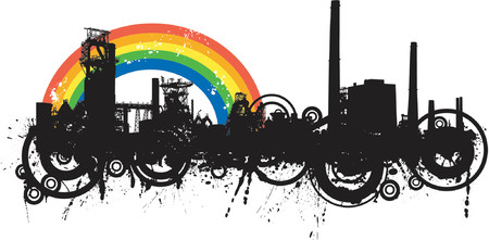 Detailed vector illustration of an industrial skyline with rainbow and grungeのイラスト素材