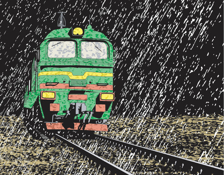 Vector illustration of a Russian train in rain at nightのイラスト素材