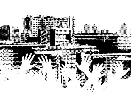 Vector halftone design of a city skyline with out-stretched handsのイラスト素材