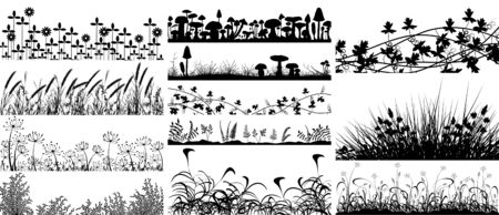 Set of editable vector foregrounds of vegetation and mushroomsのイラスト素材