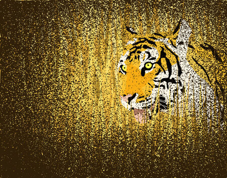 Vector illustration of a tiger in grass with grunge on separate layerのイラスト素材