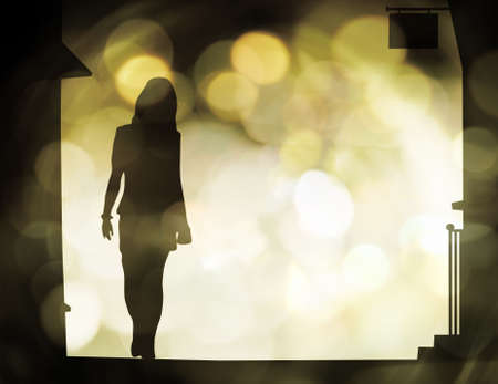 Illustration of a woman's silhouette with blurred lights behindの写真素材