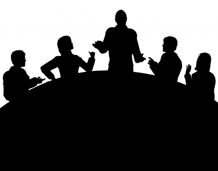 Editable vector silhouette of a business meeting with each figure as a separate objectのイラスト素材