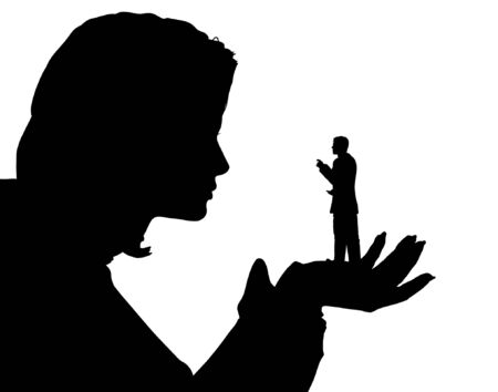 Editable vector silhouette of a miniature man in the palm of a woman's hand with both figures as separate objectsのイラスト素材