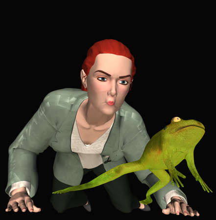 3-d render of a woman trying to kiss a frog with path