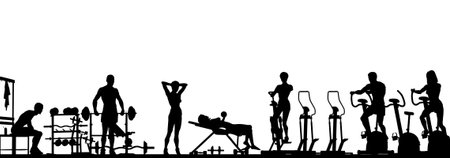 Editable vector foreground of a gym scene in silhouette with all elements as separate objectsのイラスト素材