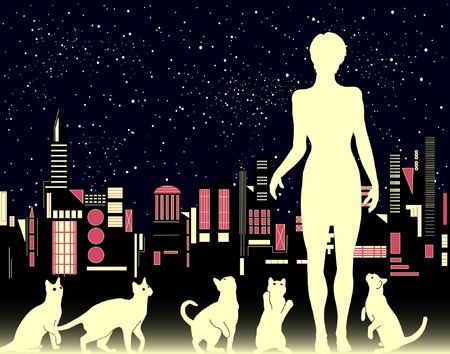 Editable vector illustration of a woman with catsのイラスト素材