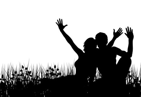 Editable vector silhouette of a couple sitting in a meadow with people as separate elementsのイラスト素材