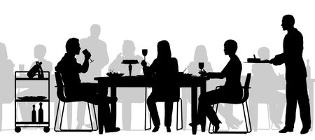 Editable vector silhouette of people eating in a restaurant with all figures as separate objectsのイラスト素材