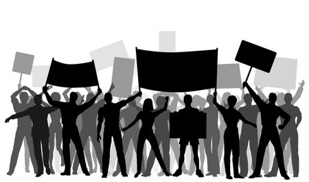 Editable vector silhouettes of protesters and banners with all elements as separate objectsのイラスト素材