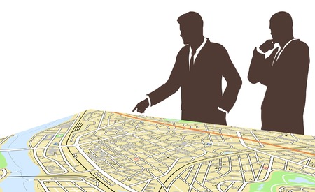 Editable vector illustration of two men standing by a generic city mapのイラスト素材
