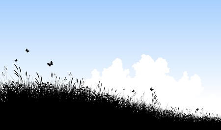 Editable vector silhouette of a grassy meadow and clouds with copy spaceのイラスト素材