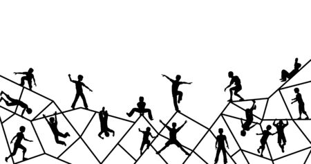 Editable vector foreground silhouette of kids playing on an abstract climbing frame with all elements as separate objectsのイラスト素材