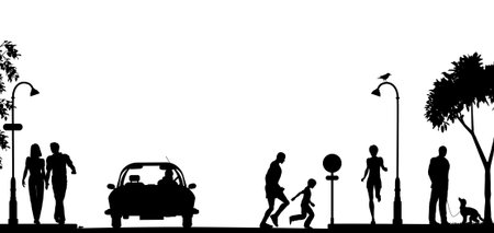Editable vector silhouette of a busy street with all elements as separate objectsのイラスト素材