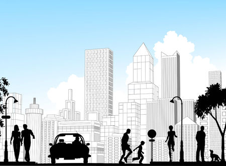 Editable vector silhouette of a busy street with city buildings as background; all silhouette elements as separate objects.のイラスト素材