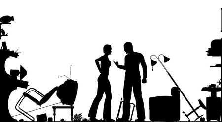 Foreground silhouette of a couple having a serous domestic argument in a living room with all elements as separate editable objectsのイラスト素材