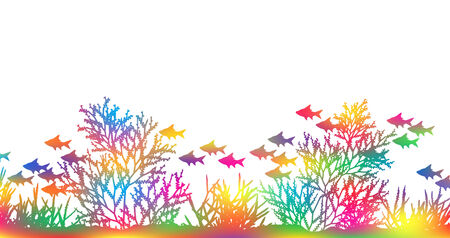 Editable vector illustration of brightly colored coral and fish made by masking a background color meshのイラスト素材