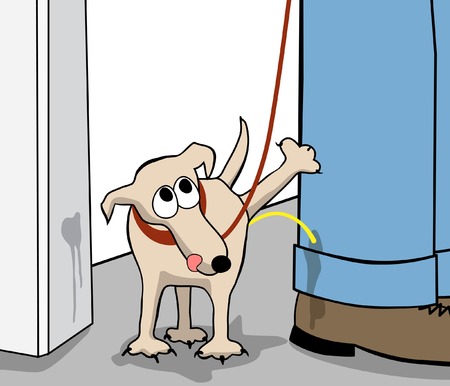 Editable vector cartoon of a small dog urinating on its owner's legのイラスト素材