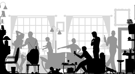 Foreground silhouette of a family gathering in a living room with all elements as separate editable objectsのイラスト素材