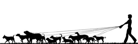 Foreground silhouette of a woman walking many dogs with all elements as separate editable objectsのイラスト素材