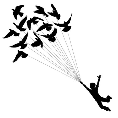 silhouette of a boy carried by flying pigeonsのイラスト素材