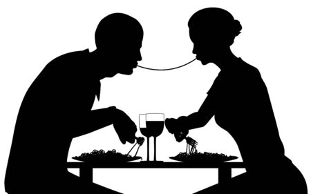 Editable vector silhouette of lovers eating spaghetti together with all elements as separate objectsのイラスト素材