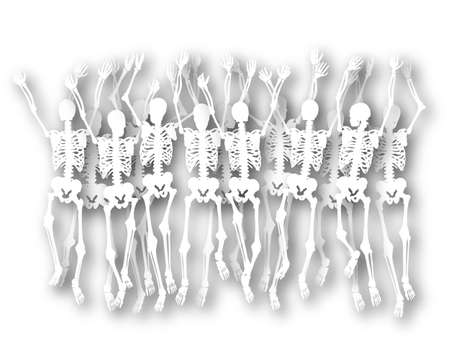 Illustrated group of white cutout skeletons dancing