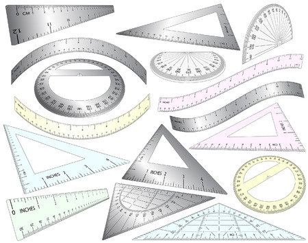 Set of angled and bent editable  rulers, set squares and protractors in plastic and metalのイラスト素材