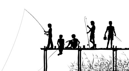 Editable silhouettes of children fishing from a wooden jetty with all elements as separate objectsのイラスト素材