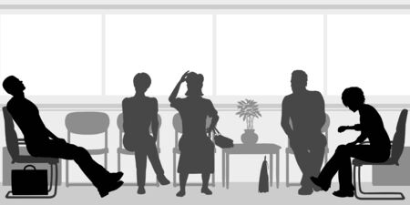 Editable silhouettes of people sitting in a waiting roomのイラスト素材