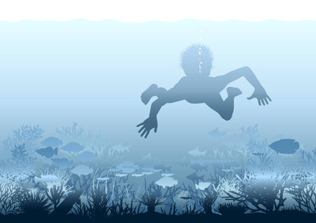 Editable illustration of a boy swimming over a coral reefのイラスト素材