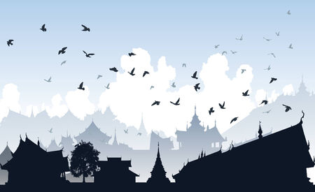 Editable illustration of birds over a generic east asian cityのイラスト素材