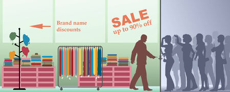 Editable vector illustration of people waiting for a sale at a storeのイラスト素材