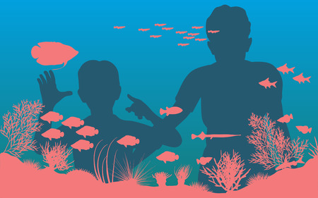 Editable illustration of mother and son looking at fish in an aquariumのイラスト素材